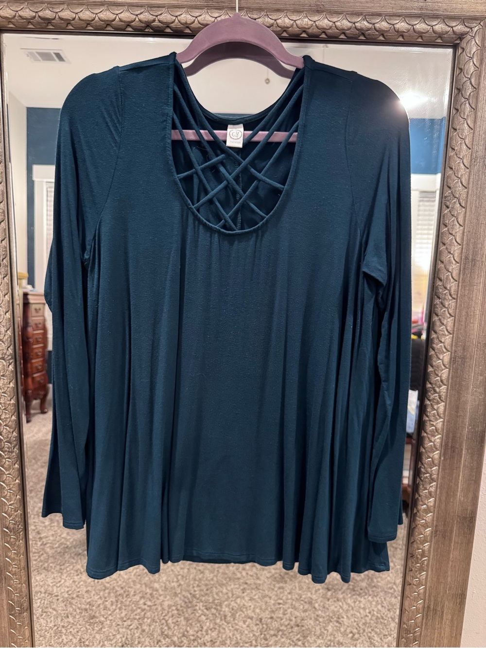Lattice Chest Detail Long Sleeve Tunic Top - Teal Blue
